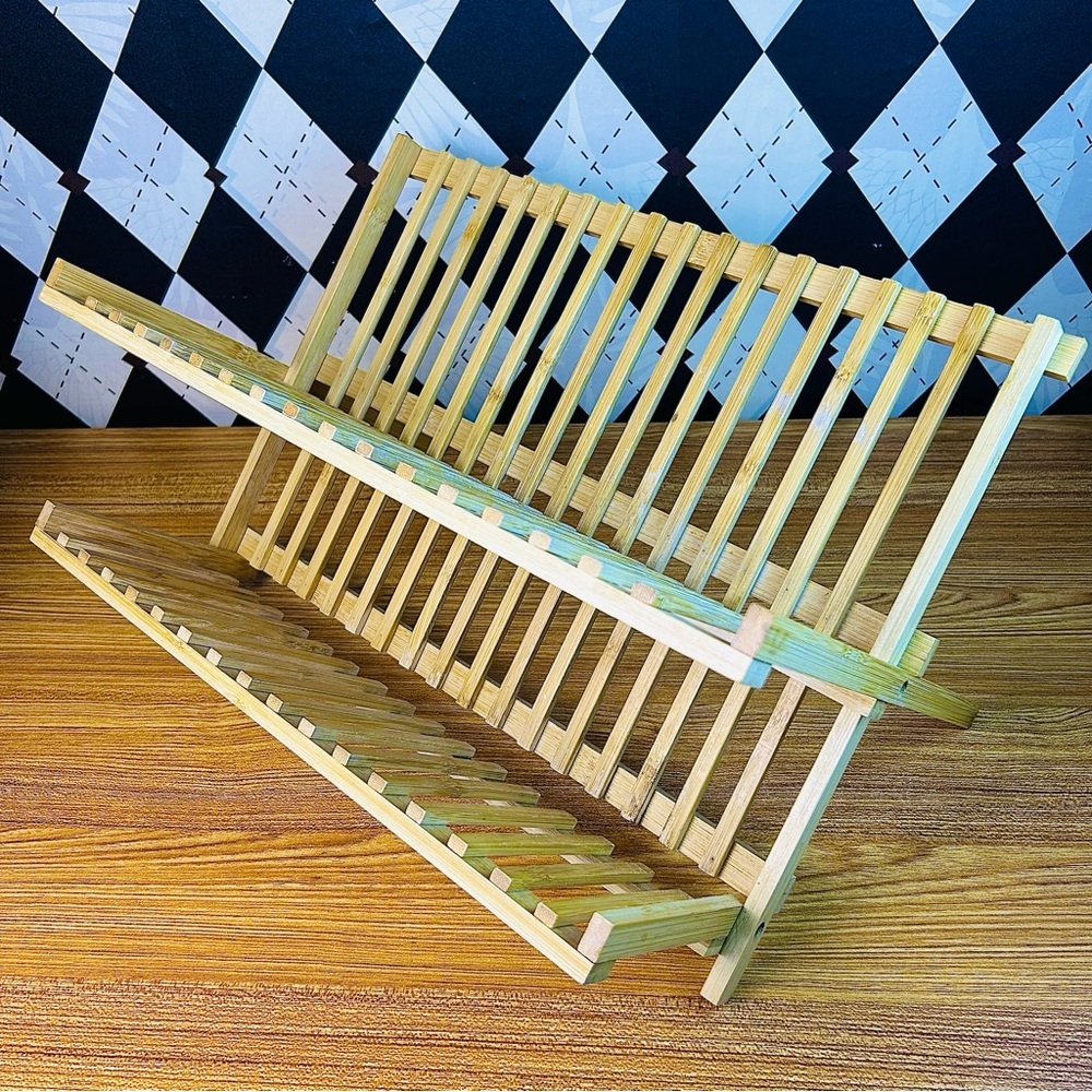 Collapsible‎ Bamboo Plate Rack Folding Slatted Farmhouse Kitchen Storage